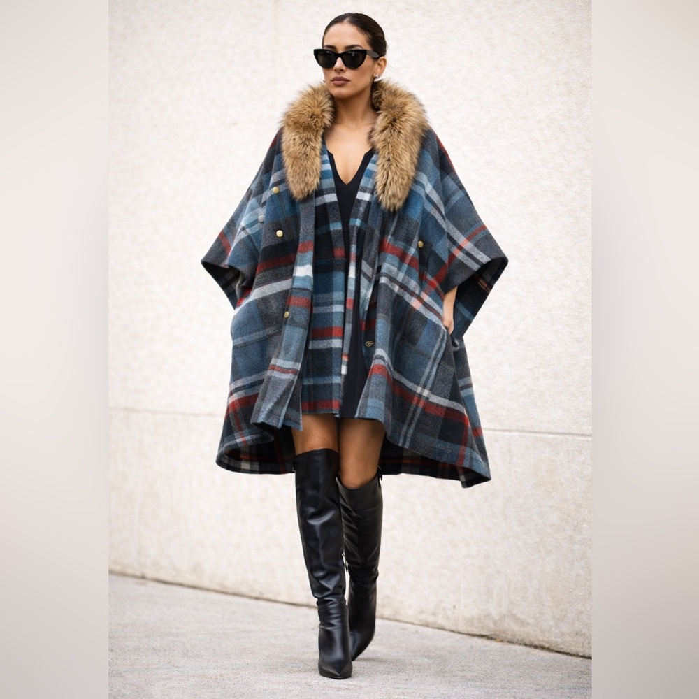 Gray Plaid Collegiate Cape with Luxurious Faux Fur Trim Goth Y2K Indie Grunge